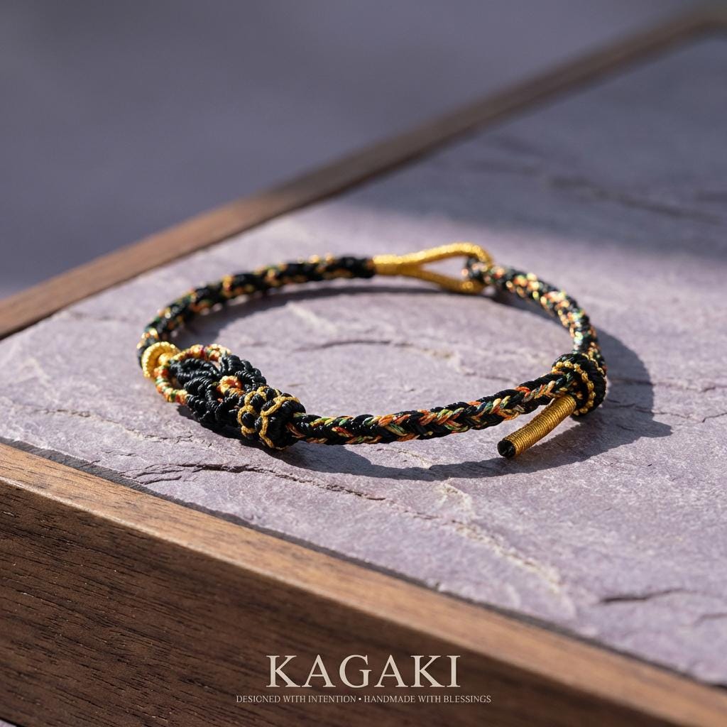 KAGAKI Tibetan meditation protection bracelet in deep black handwoven cord with gold-tone accent, handmade gift packaging presentation, for grounding and daily intention