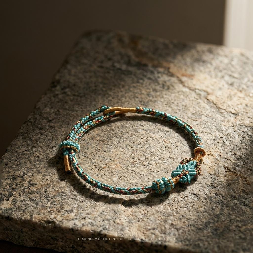 KAGAKI Tibetan meditation protection bracelet in deep black handwoven cord with gold-tone accent, close-up handwoven knot detail, for grounding and daily intention