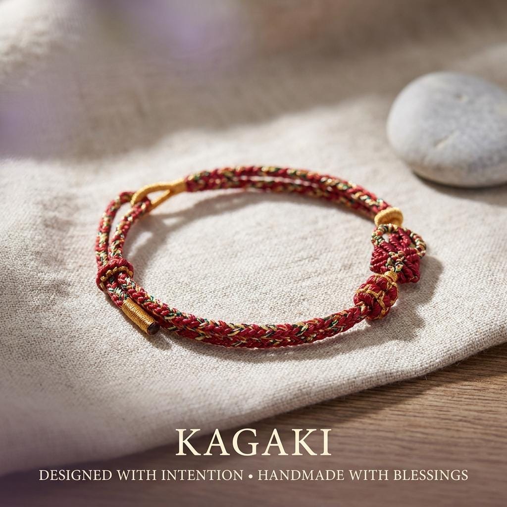 KAGAKI Tibetan meditation protection bracelet in deep black handwoven cord with gold-tone accent, lifestyle on-wrist styling shot, for grounding and daily intention