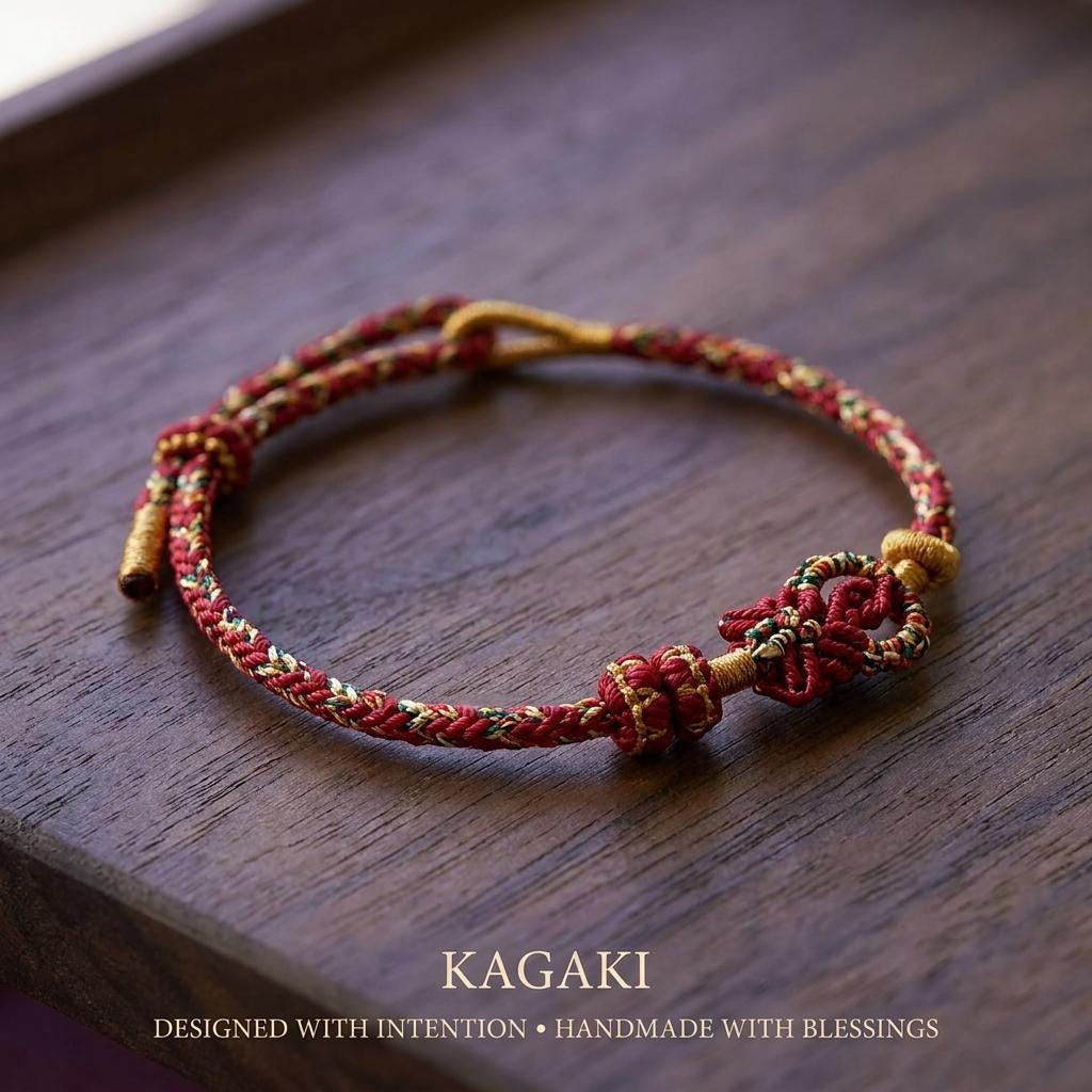 KAGAKI Tibetan meditation protection bracelet in deep black handwoven cord with gold-tone accent, packaging close-up detail, for grounding and daily intention
