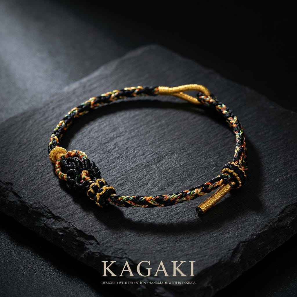 KAGAKI Tibetan meditation protection bracelet in deep black handwoven cord with gold-tone accent, scale reference shown on hand, for grounding and daily intention