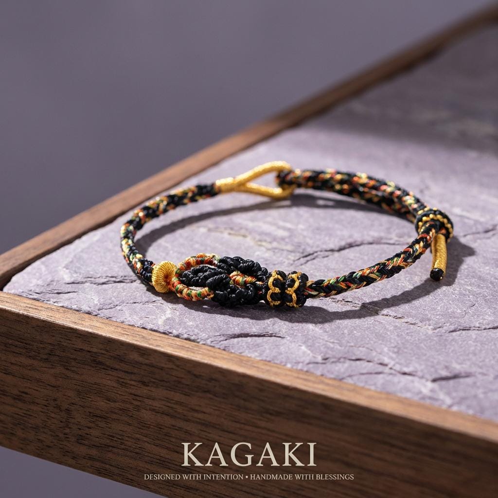 KAGAKI Tibetan meditation protection bracelet in deep black handwoven cord with gold-tone accent, cord weave texture detail, for grounding and daily intention
