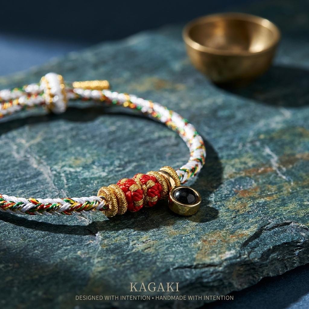 KAGAKI tibetan protection cord bracelet (charm) in multicolor, flat lay, for meditation and daily intention