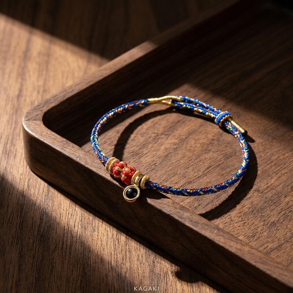 KAGAKI tibetan protection cord bracelet (charm) in multicolor, packaging detail, for meditation and daily intention