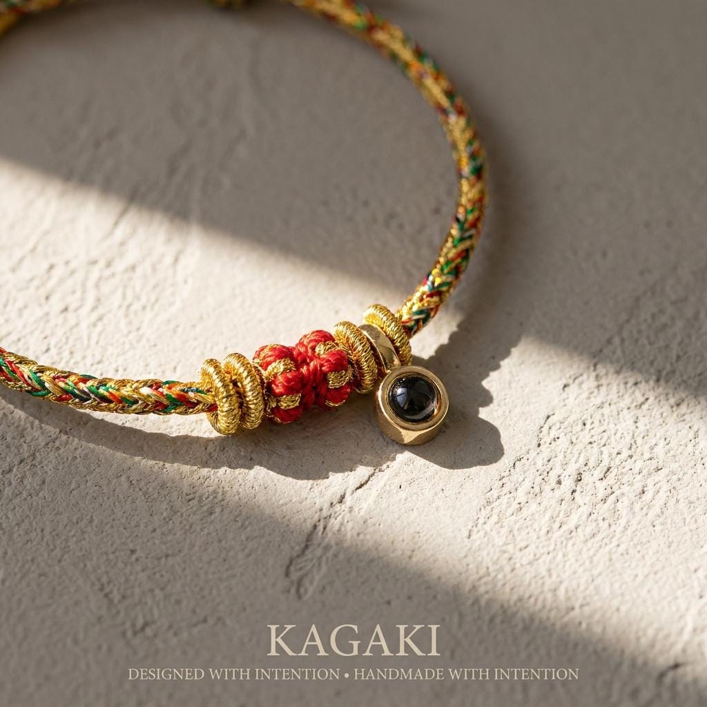 KAGAKI tibetan protection cord bracelet (charm) in multicolor, weave detail, for meditation and daily intention