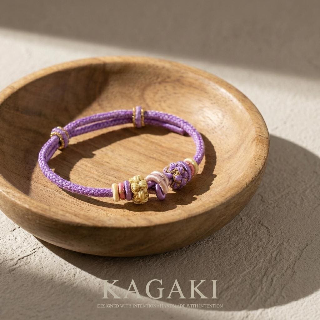 KAGAKI tibetan protection cord bracelet in multicolor, flat lay, for meditation and daily intention