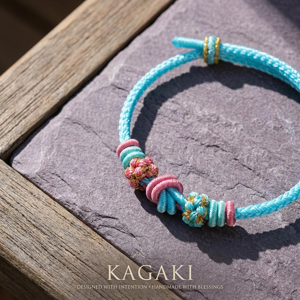 KAGAKI tibetan protection cord bracelet in multicolor, on wrist, for meditation and daily intention