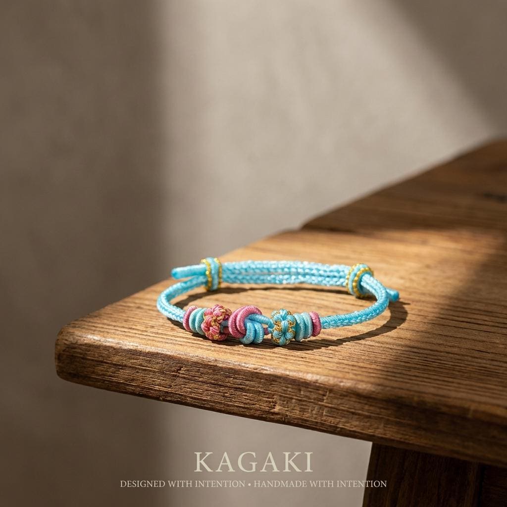 KAGAKI tibetan protection cord bracelet in multicolor, scale on hand, for meditation and daily intention
