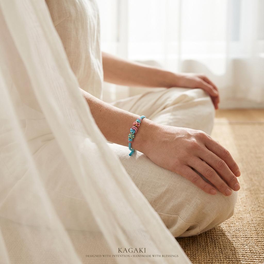 KAGAKI tibetan protection cord bracelet in multicolor, variation showcase, for meditation and daily intention