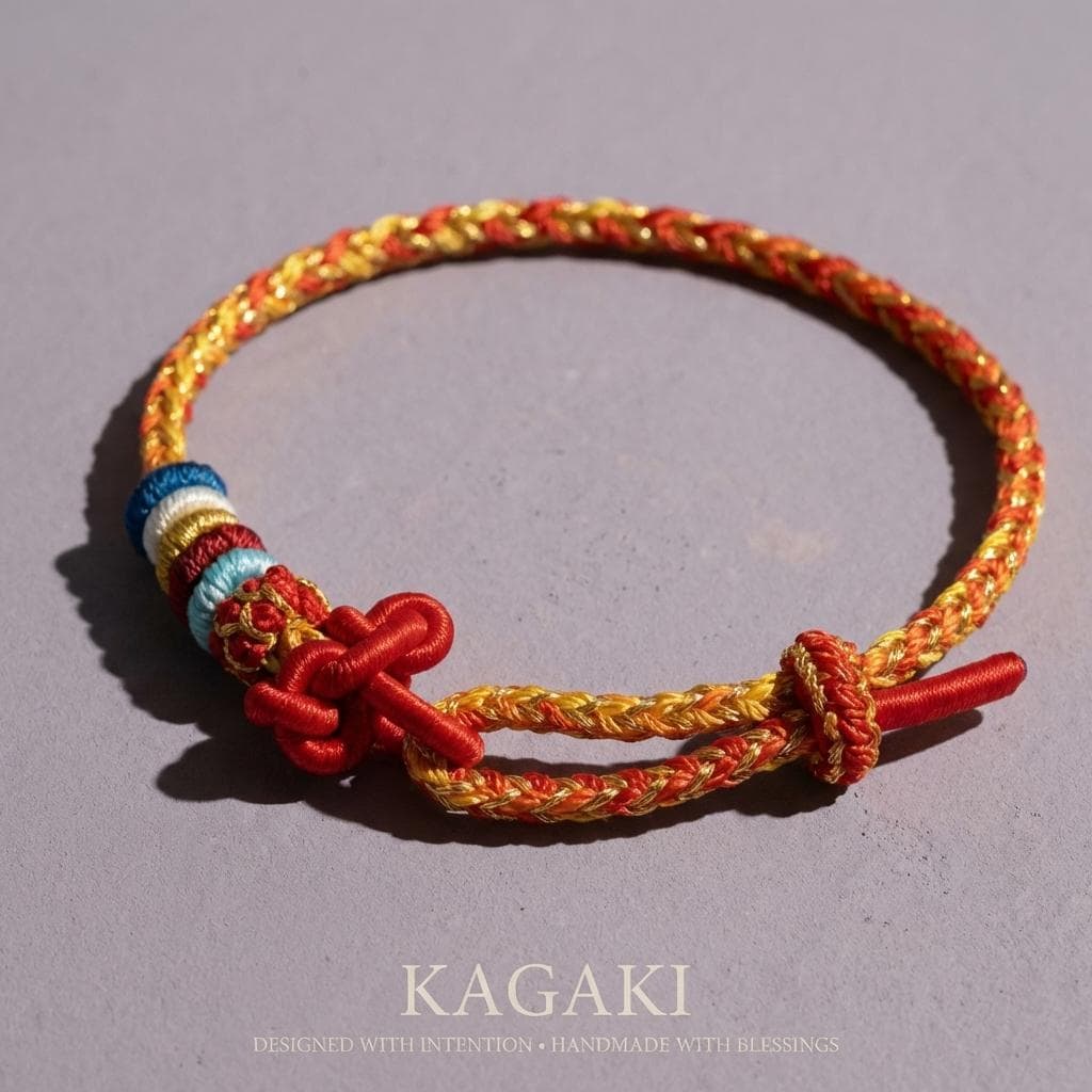 KAGAKI handwoven red string bracelet showing central crossing knot detail in warm red cotton cord
