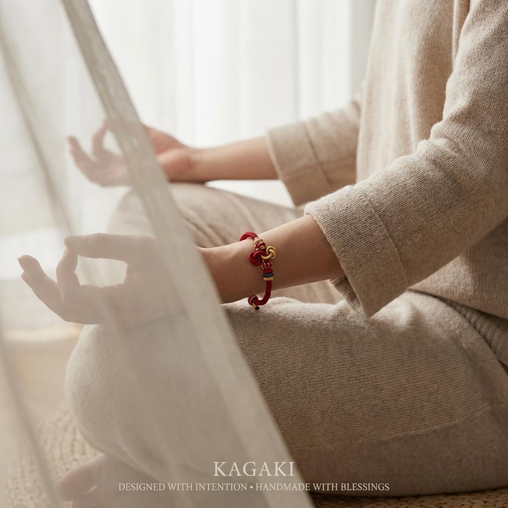 KAGAKI handwoven red string bracelet packaging close-up showing handmade gift presentation detail