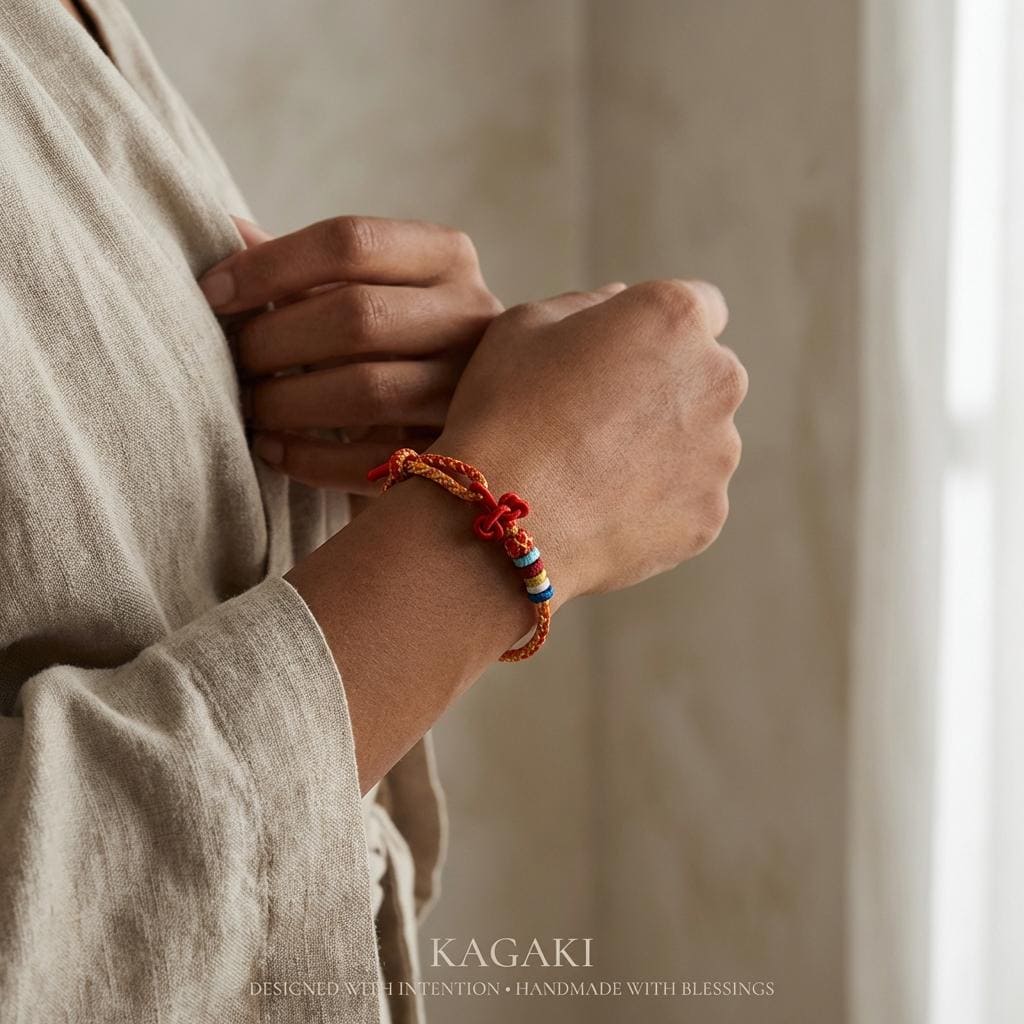 KAGAKI Tibetan red string bracelet shown on hand as a scale reference for adjustable cord sizing