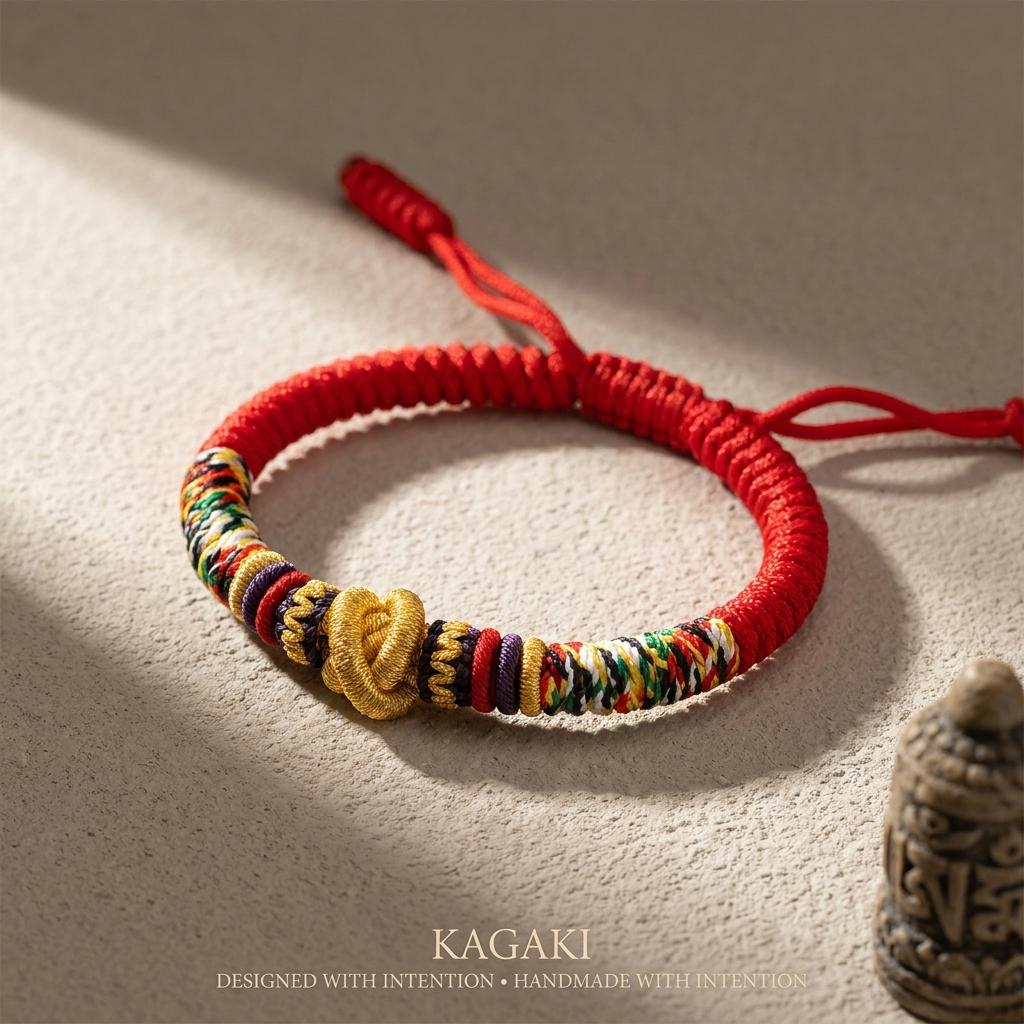 KAGAKI tibetan red string cord bracelet in warm red, alternate angle, for meditation and daily intention