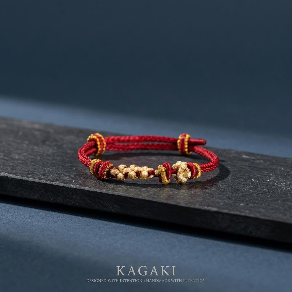 KAGAKI tibetan red string cord bracelet in crimson red, alternate angle, for meditation and daily intention