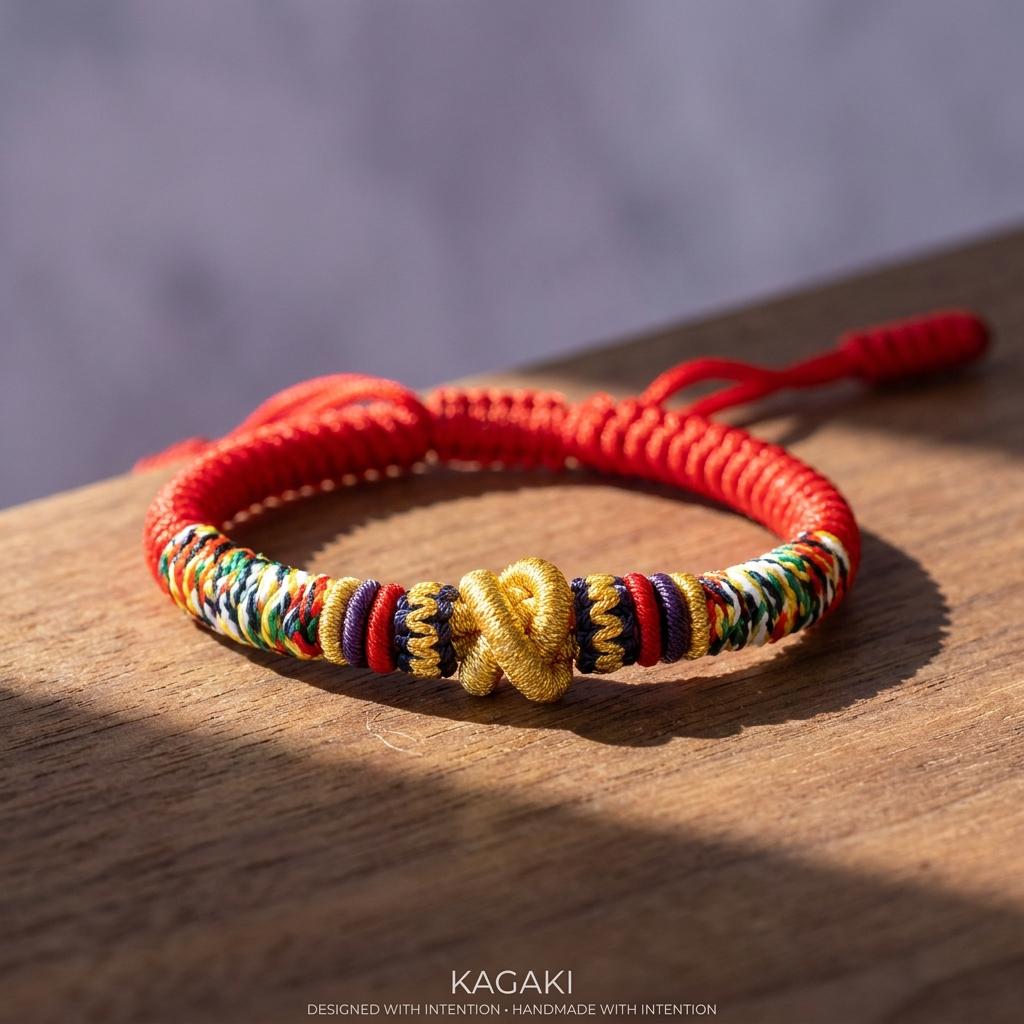 KAGAKI tibetan red string cord bracelet in warm red, gift packaging, for meditation and daily intention