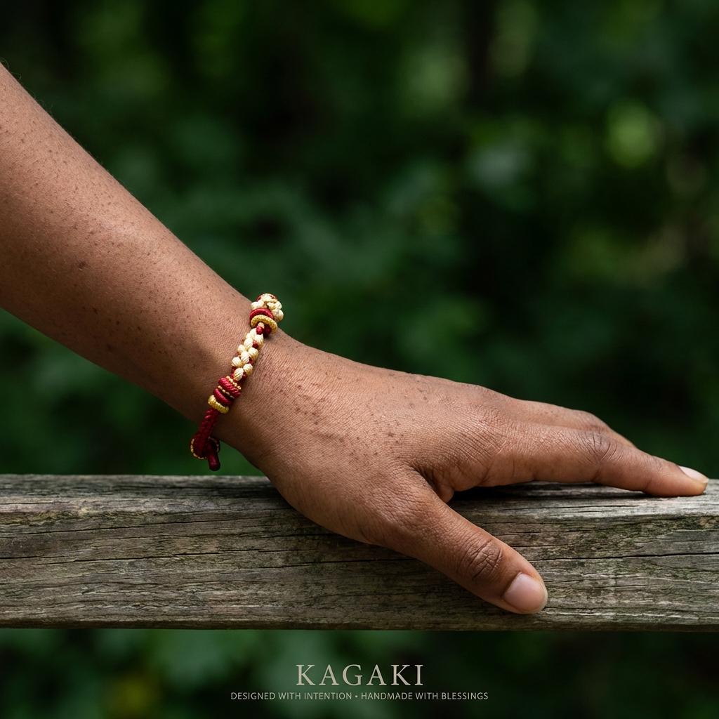 KAGAKI tibetan red string cord bracelet in crimson red, gift packaging, for meditation and daily intention
