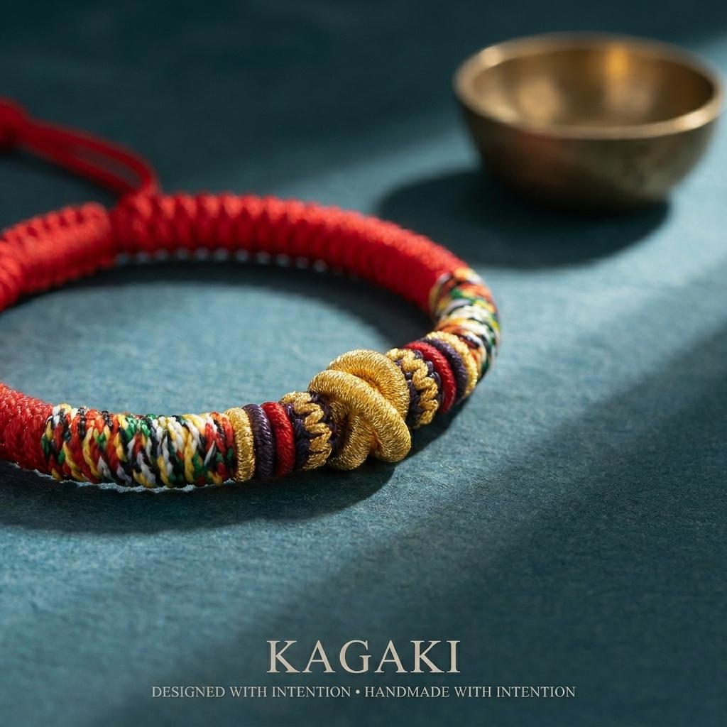 KAGAKI tibetan red string cord bracelet in warm red, knot detail, for meditation and daily intention