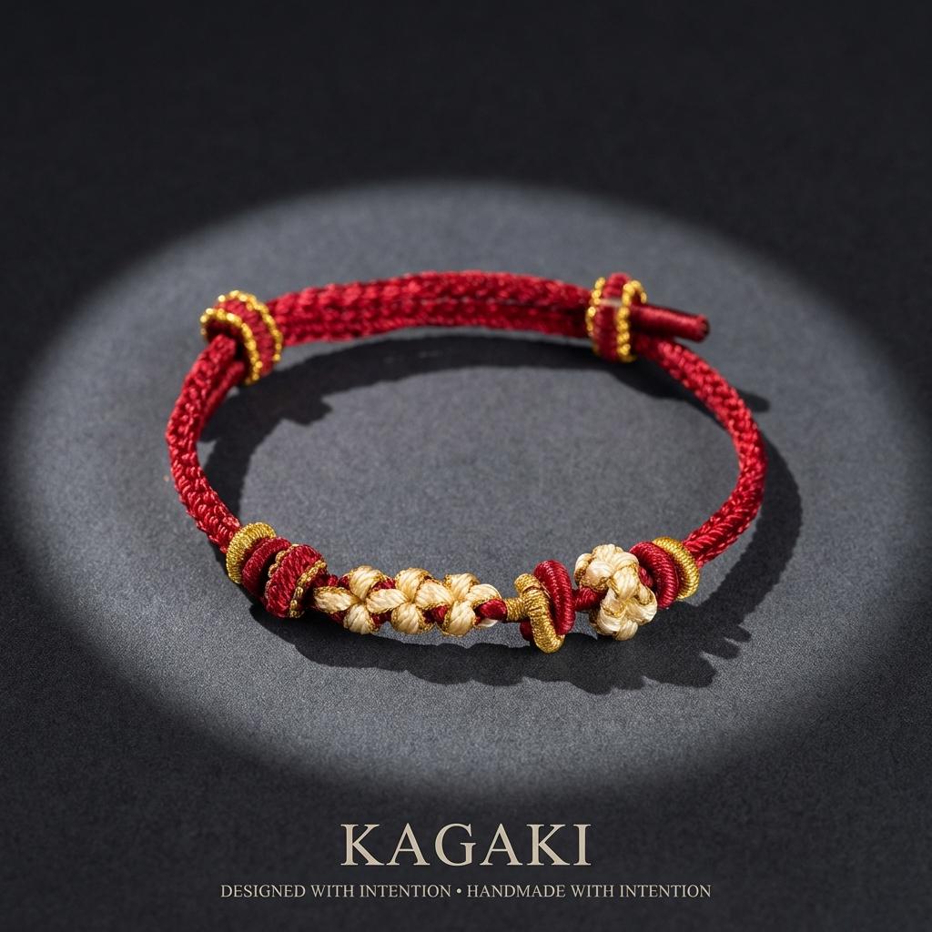 KAGAKI tibetan red string cord bracelet in crimson red, knot detail, for meditation and daily intention