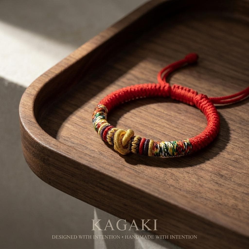 KAGAKI tibetan red string cord bracelet in warm red, main, for meditation and daily intention
