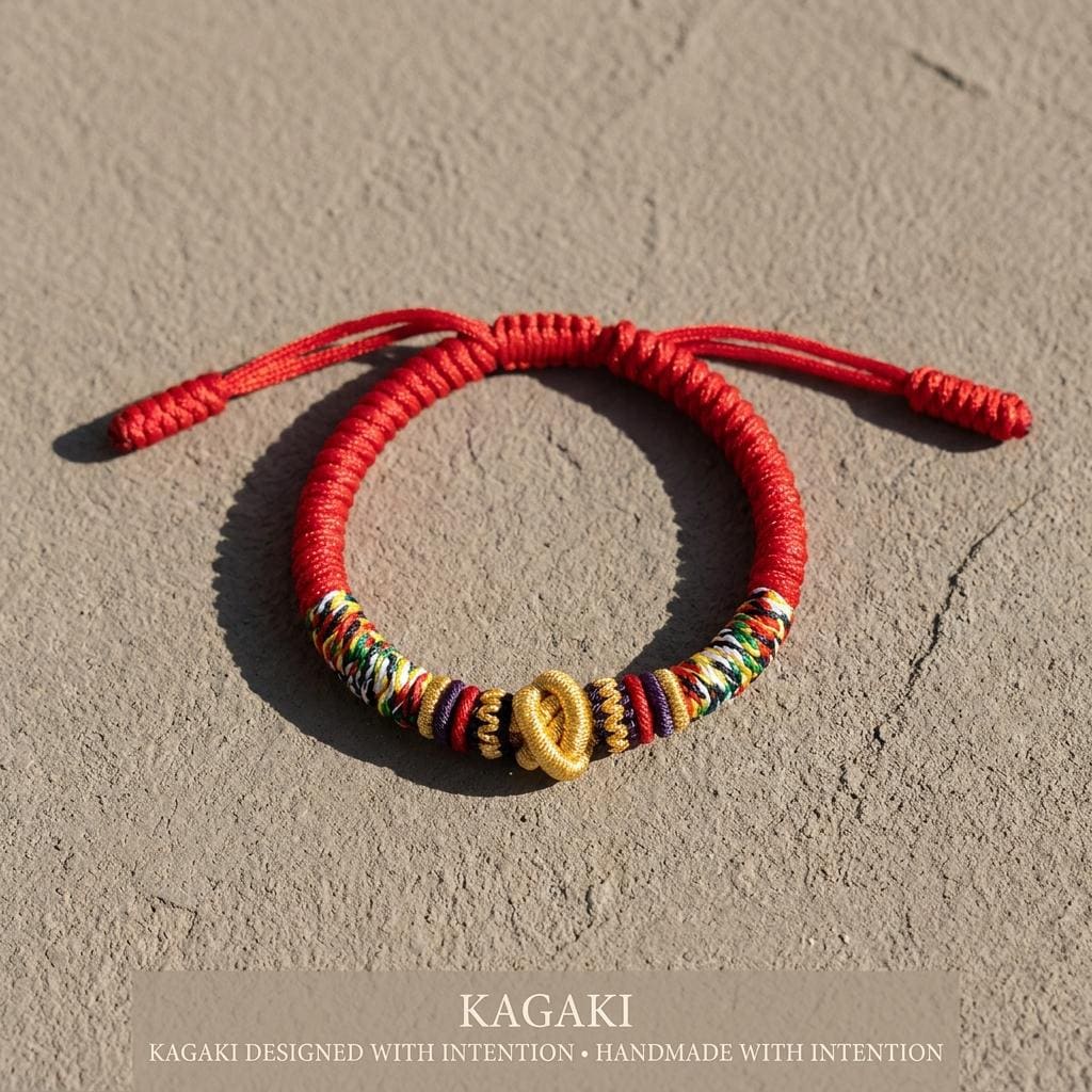 KAGAKI tibetan red string cord bracelet in warm red, on wrist, for meditation and daily intention