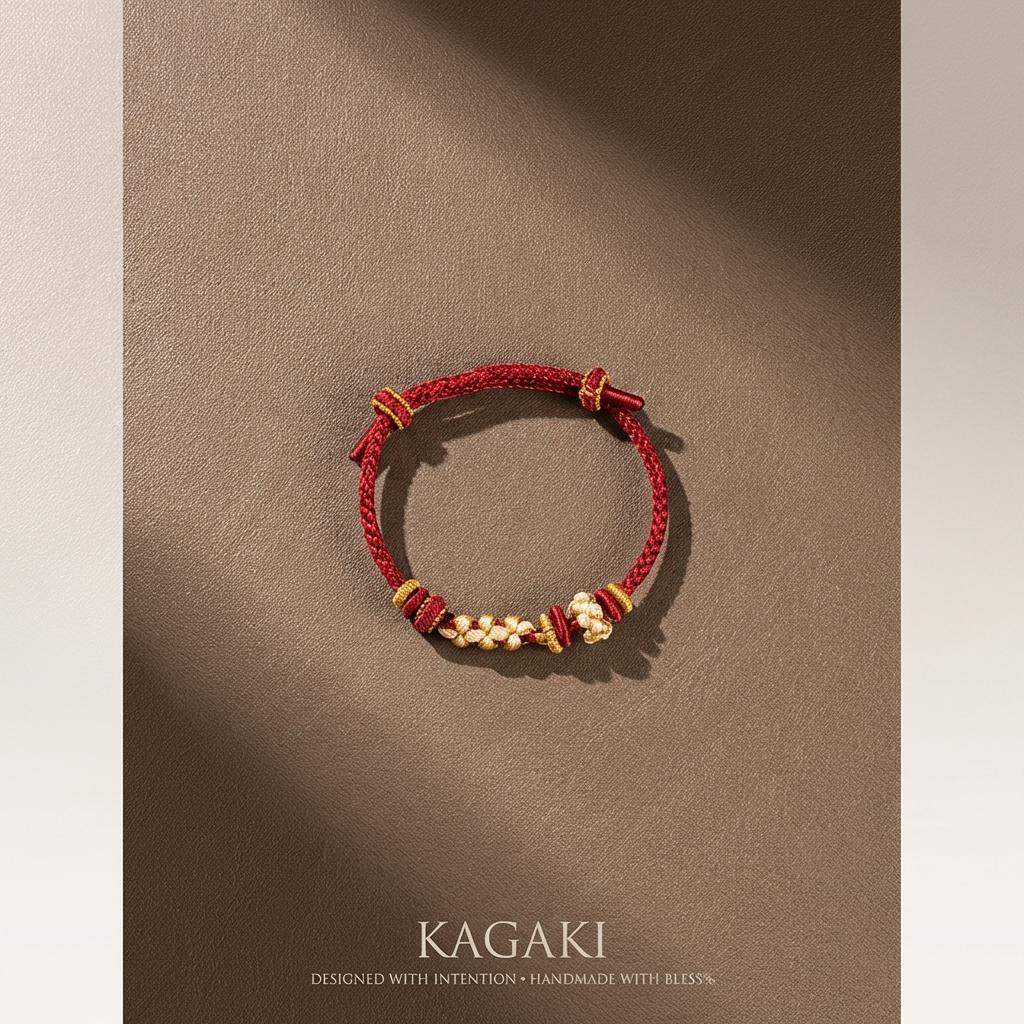 KAGAKI tibetan red string cord bracelet in crimson red, on wrist, for meditation and daily intention
