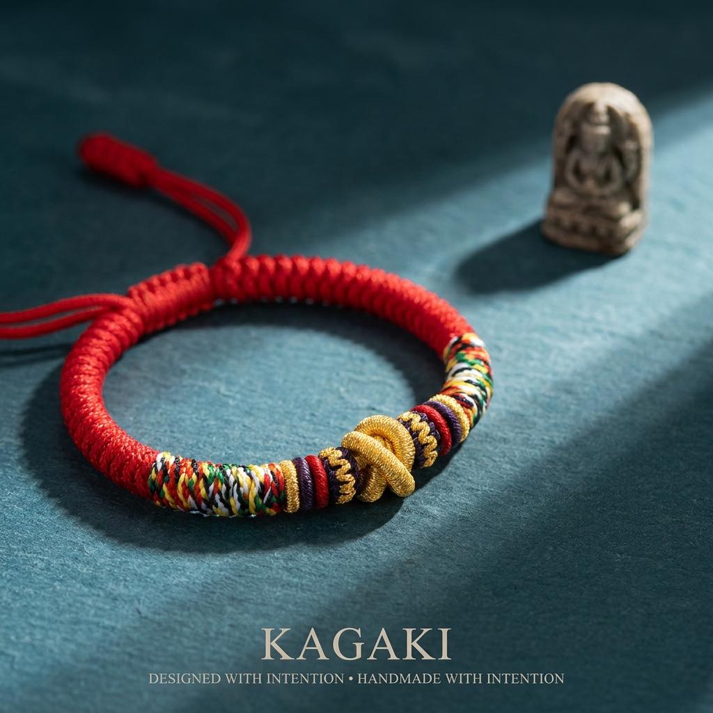 KAGAKI tibetan red string cord bracelet in warm red, scale on hand, for meditation and daily intention