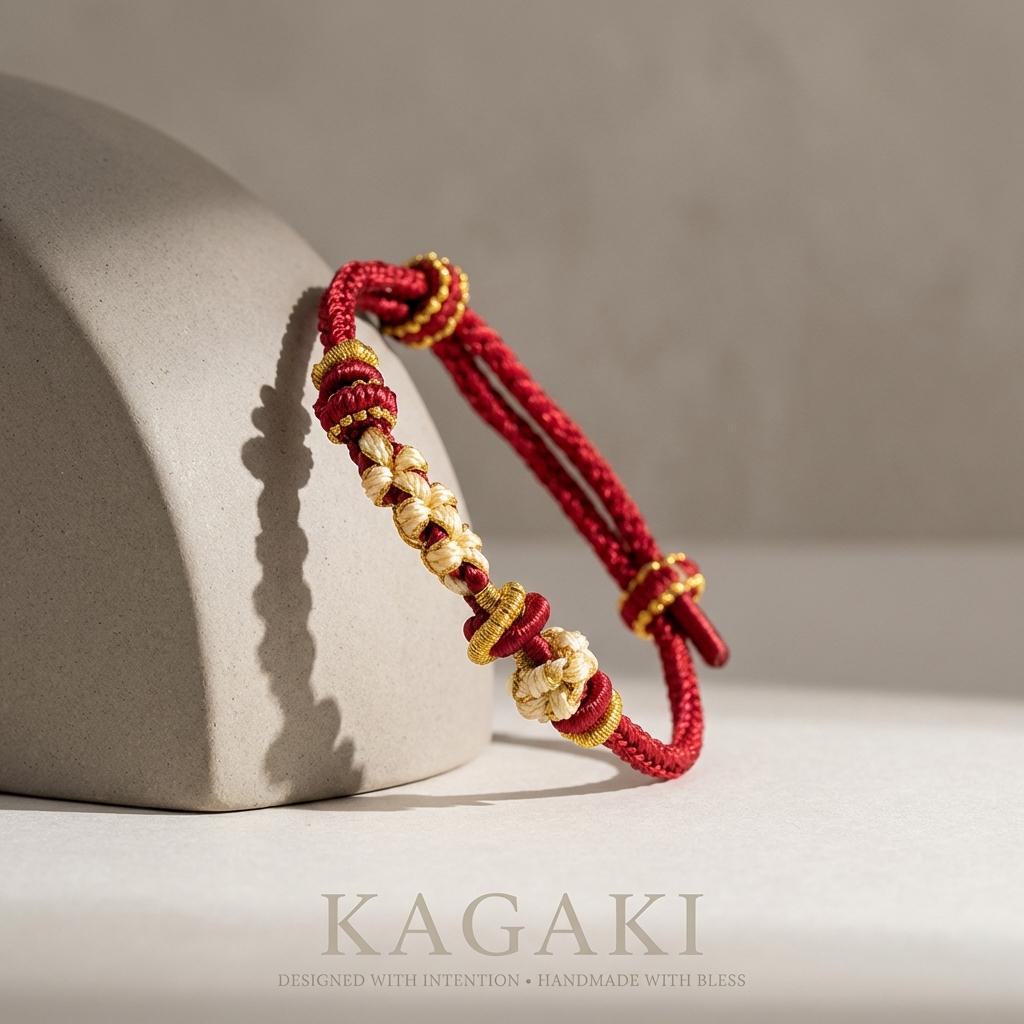 KAGAKI tibetan red string cord bracelet in crimson red, scale on hand, for meditation and daily intention