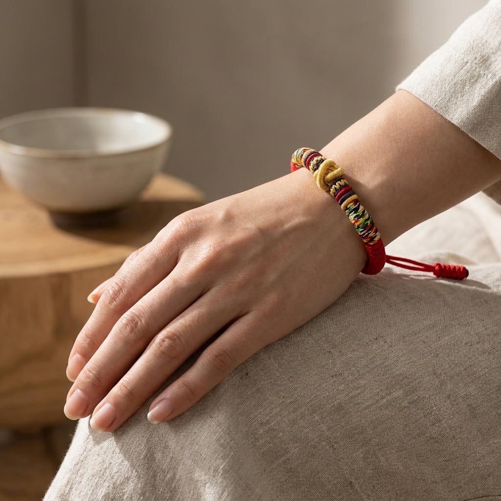 KAGAKI tibetan red string cord bracelet in warm red, variation showcase, for meditation and daily intention