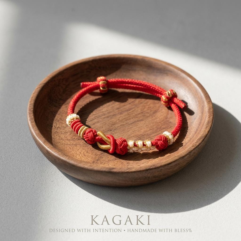 KAGAKI tibetan red string couple bracelet in warm red, gift packaging, for meditation and daily intention