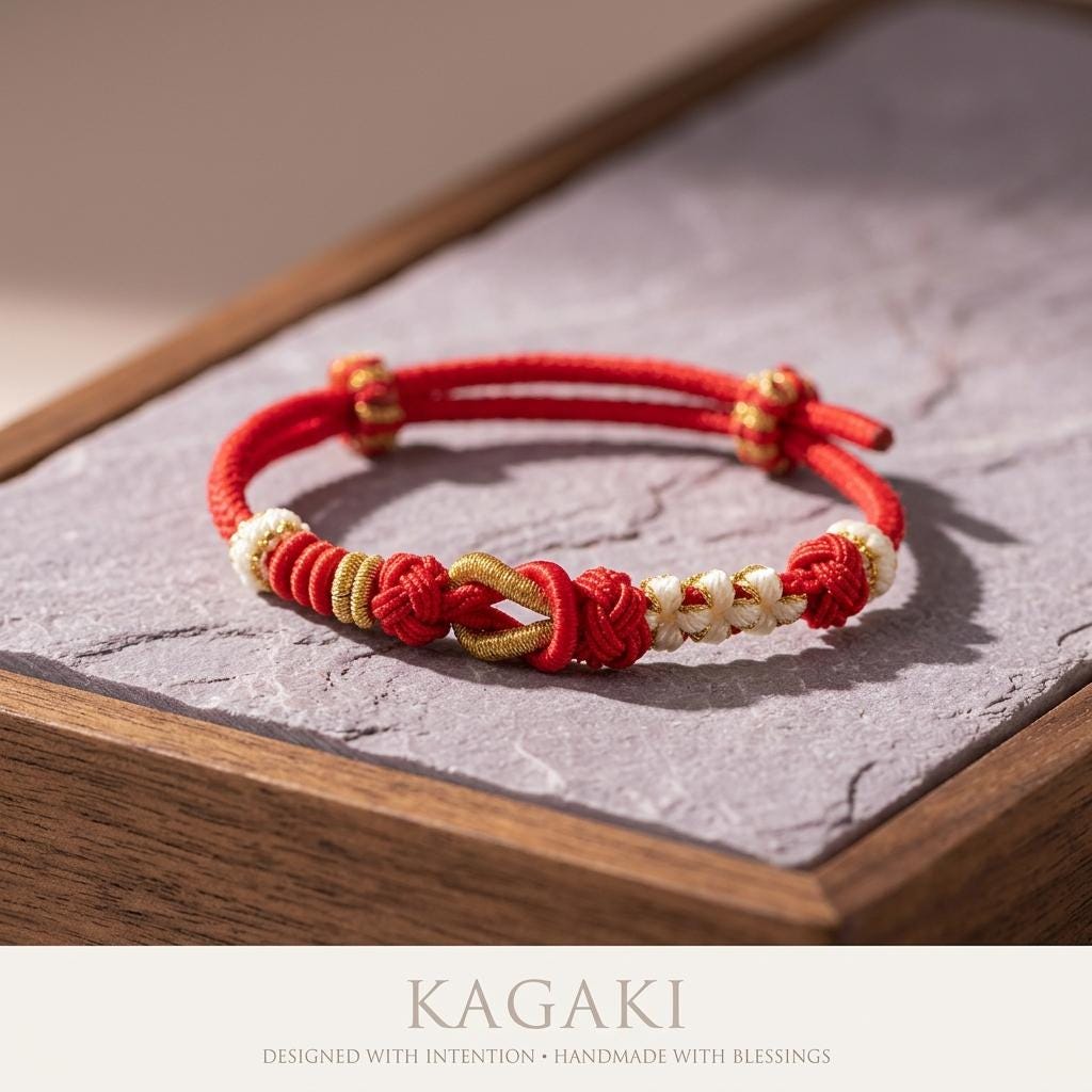 KAGAKI tibetan red string couple bracelet in warm red, on wrist, for meditation and daily intention