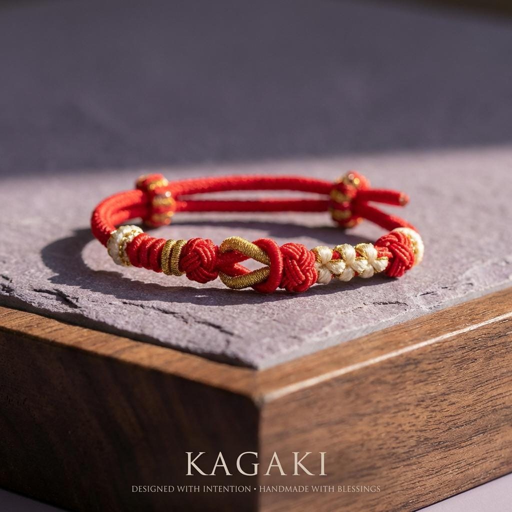 KAGAKI tibetan red string couple bracelet in warm red, packaging detail, for meditation and daily intention