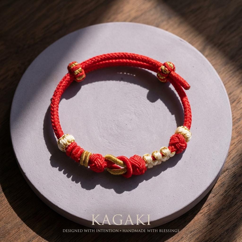 KAGAKI tibetan red string couple bracelet in warm red, scale on hand, for meditation and daily intention