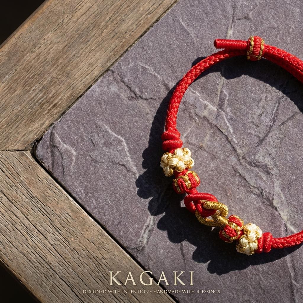 KAGAKI tibetan red string friendship bracelet in warm red, alternate angle, for meditation and daily intention