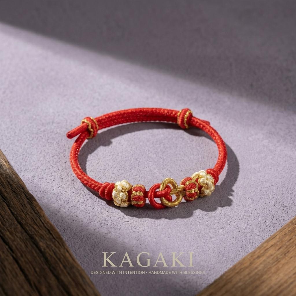 KAGAKI tibetan red string friendship bracelet in warm red, gift packaging, for meditation and daily intention