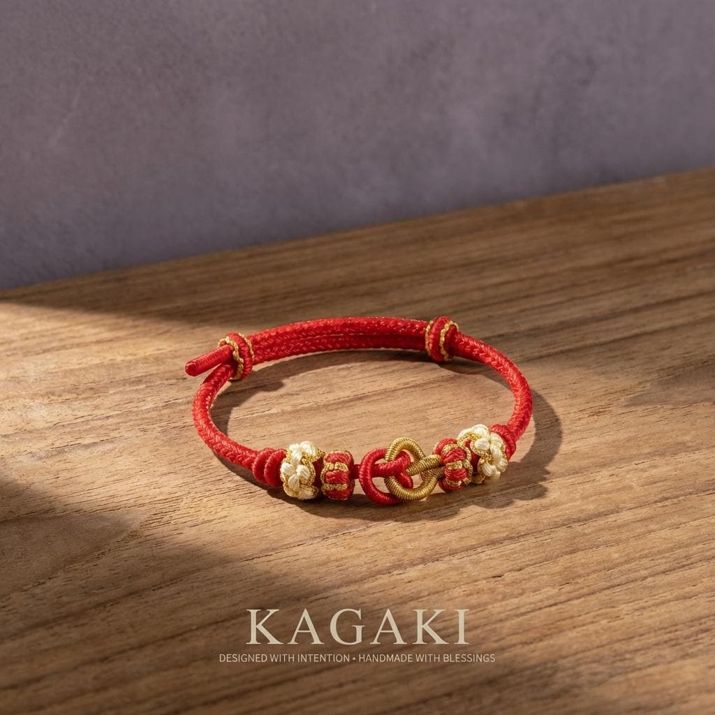 KAGAKI tibetan red string friendship bracelet in warm red, on wrist, for meditation and daily intention
