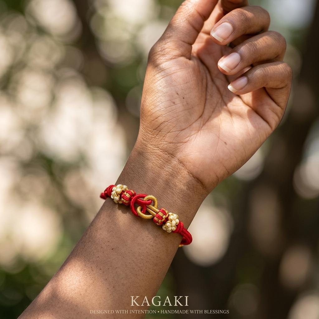 KAGAKI tibetan red string friendship bracelet in warm red, scale on hand, for meditation and daily intention
