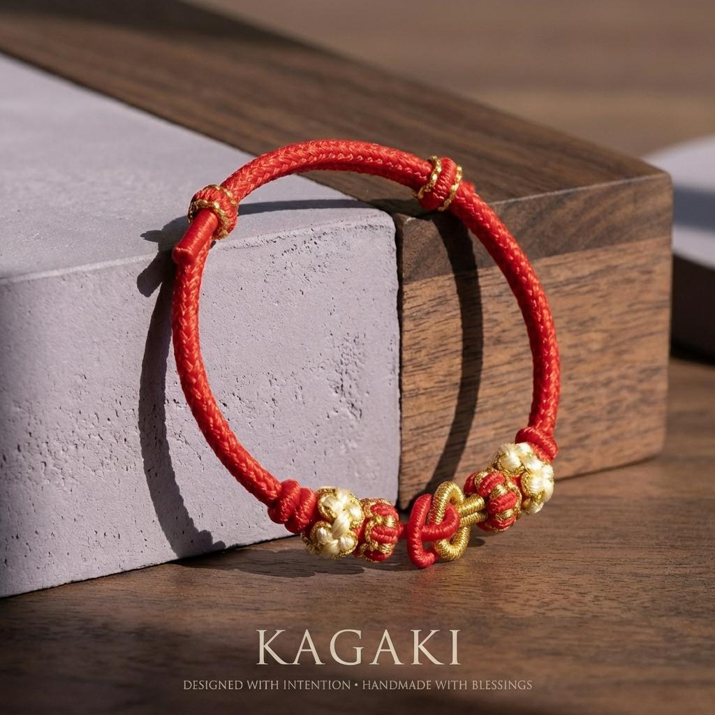 KAGAKI tibetan red string friendship bracelet in warm red, variation showcase, for meditation and daily intention