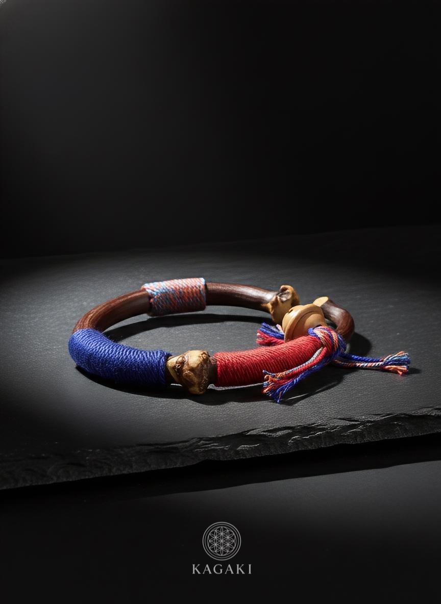 KAGAKI tibetan wood fiber cord bracelet in natural wood tones, gift packaging, for meditation and daily intention