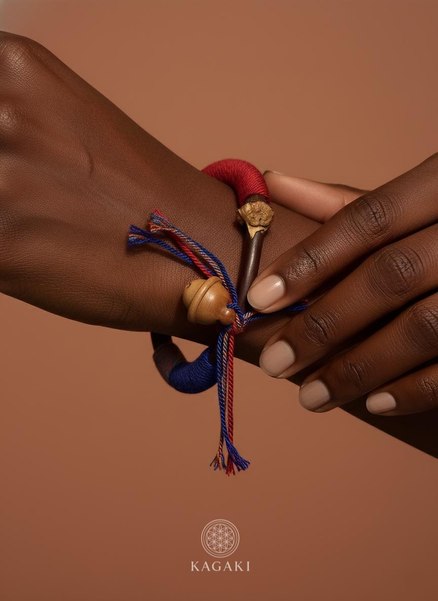 KAGAKI tibetan wood fiber cord bracelet in natural wood tones, on wrist, for meditation and daily intention