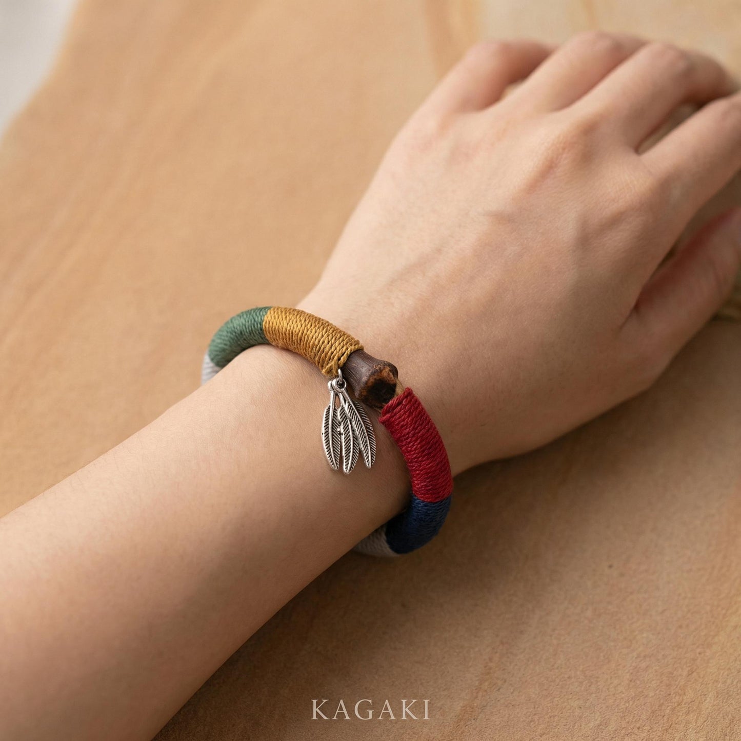 KAGAKI tibetan wood fiber cord bracelet in natural wood tones, variation showcase, for meditation and daily intention