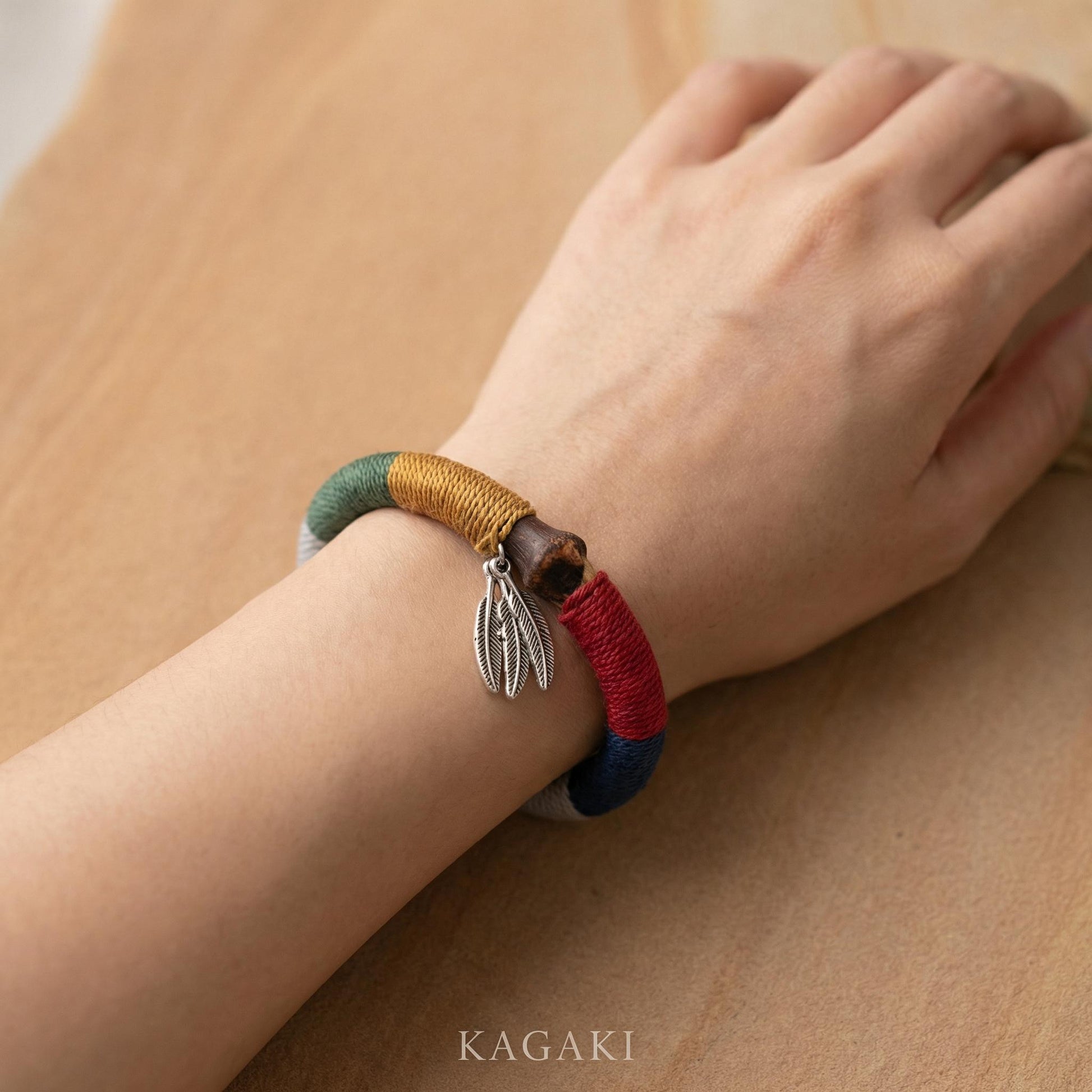 KAGAKI tibetan wood fiber cord bracelet in natural wood tones, variation showcase, for meditation and daily intention