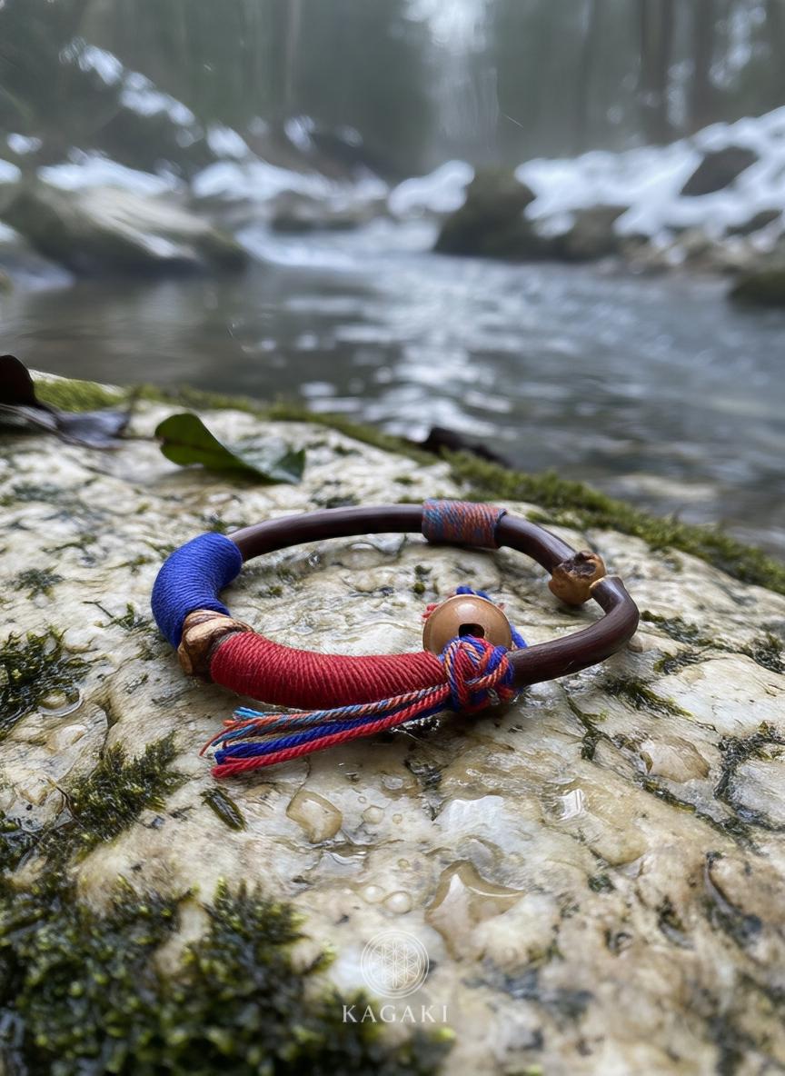 KAGAKI tibetan wood fiber cord bracelet in natural wood tones, weave detail, for meditation and daily intention