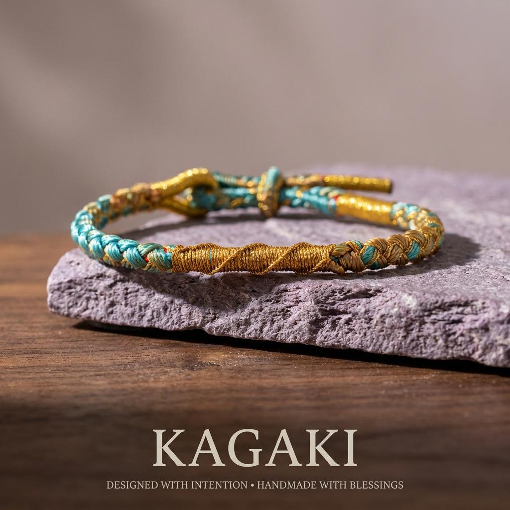 KAGAKI tibetan yoga cord bracelet in multicolor, flat lay, for meditation and daily intention