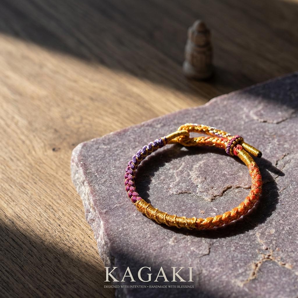 KAGAKI tibetan yoga cord bracelet in multicolor, on wrist, for meditation and daily intention