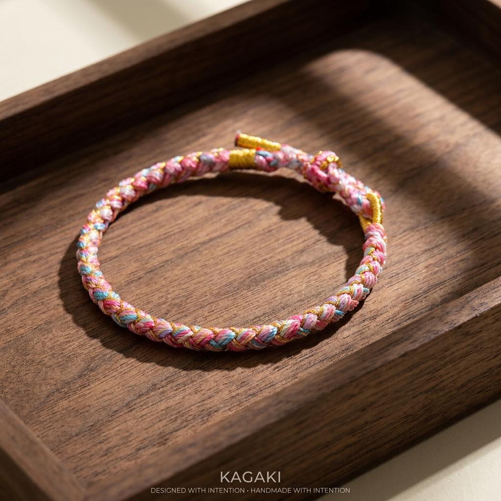 KAGAKI tibetan yoga cord bracelet in multicolor, packaging detail, for meditation and daily intention