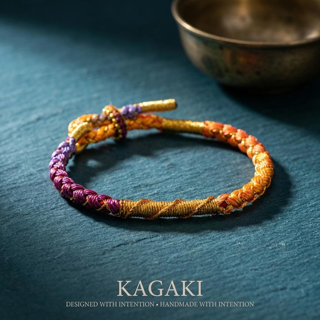 KAGAKI tibetan yoga cord bracelet in multicolor, scale on hand, for meditation and daily intention