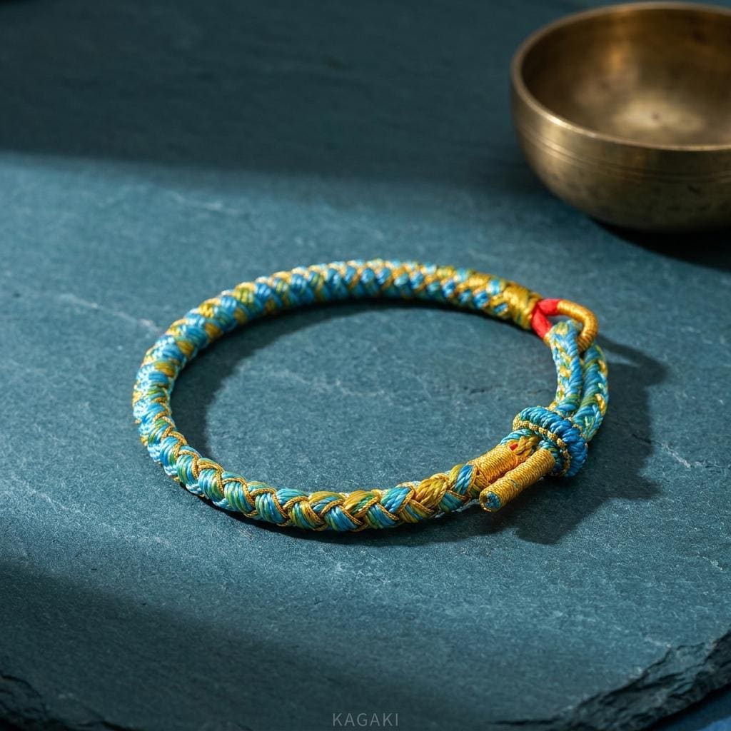 KAGAKI tibetan yoga cord bracelet in multicolor, weave detail, for meditation and daily intention