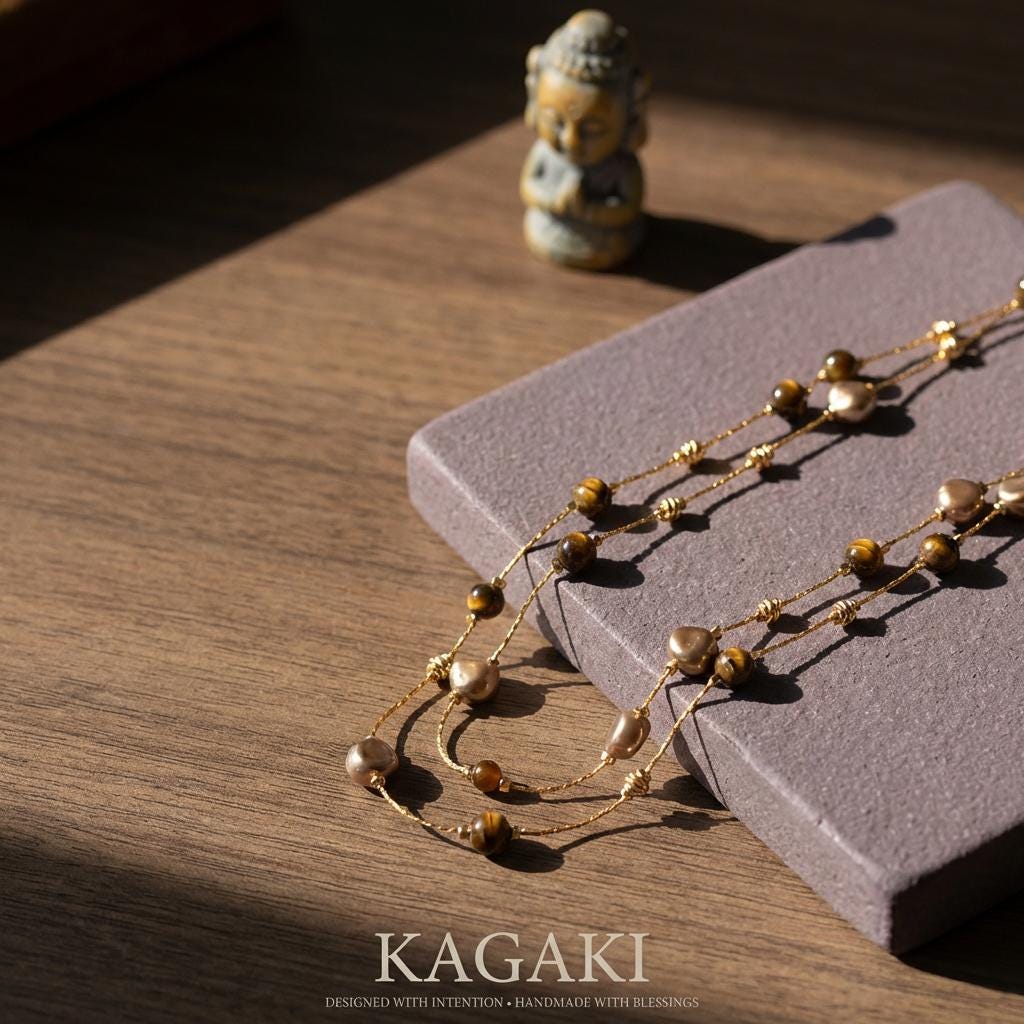 KAGAKI tiger eye pearl layered necklace in tiger-eye gold and pearl, main, for daily wear and gifting