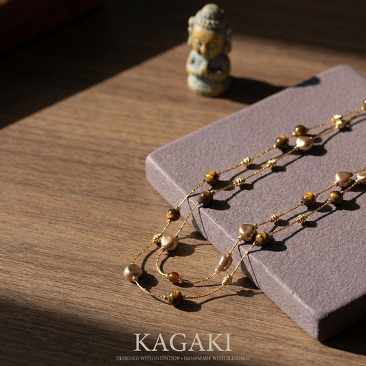 KAGAKI tiger eye pearl layered necklace in tiger-eye gold and pearl, main, for daily wear and gifting