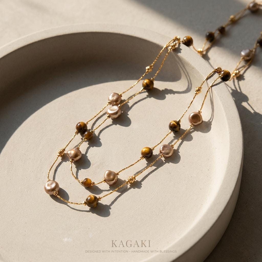 KAGAKI tiger eye pearl layered necklace in tiger-eye gold and pearl, on neck, for daily wear and gifting
